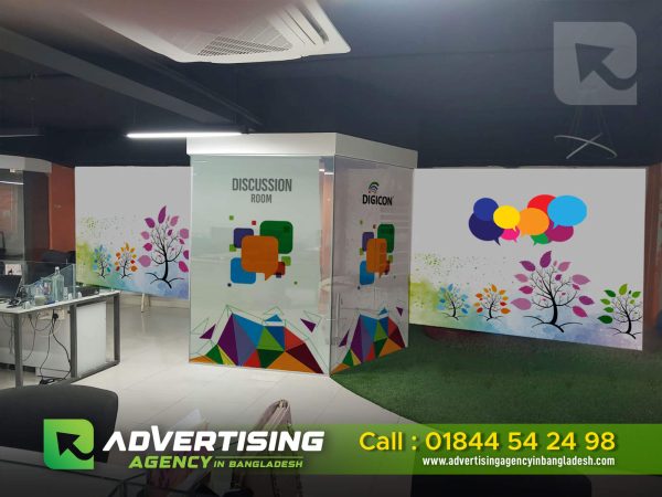 Wall sticker branding in Bangladesh: A colorful and eye-catching design adorns the wall, promoting a brand or message.